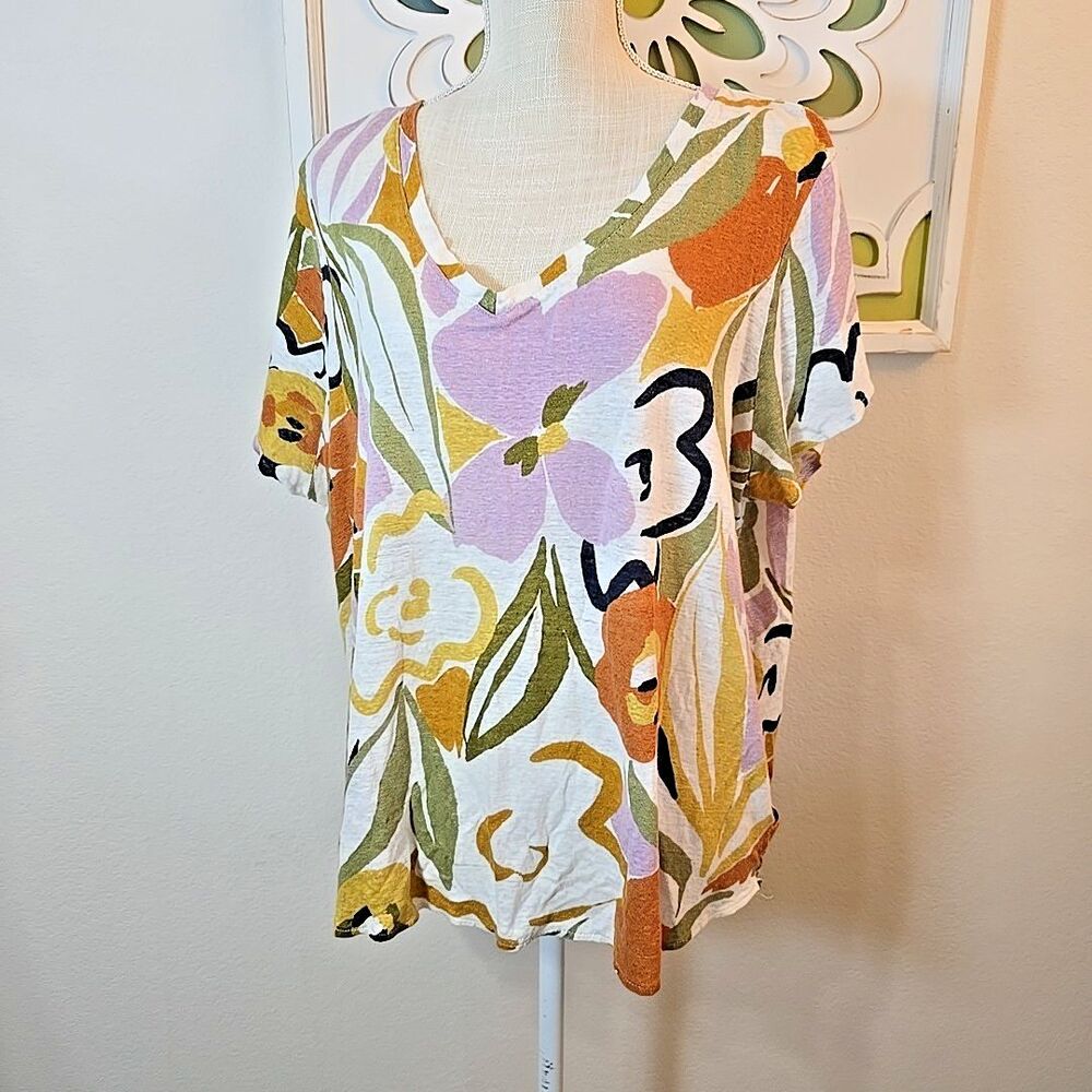 Rachel Zoe Women's Multi Colored 100% Linen Top T-shirt Size 2X Relaxed Fit